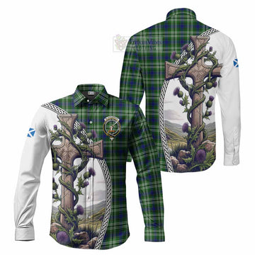 Blackadder Tartan Long Sleeve Button Shirt with Family Crest and St. Andrew's Cross Accented by Thistle Vines Men's Shirt S - Tartan Vibes Clothing