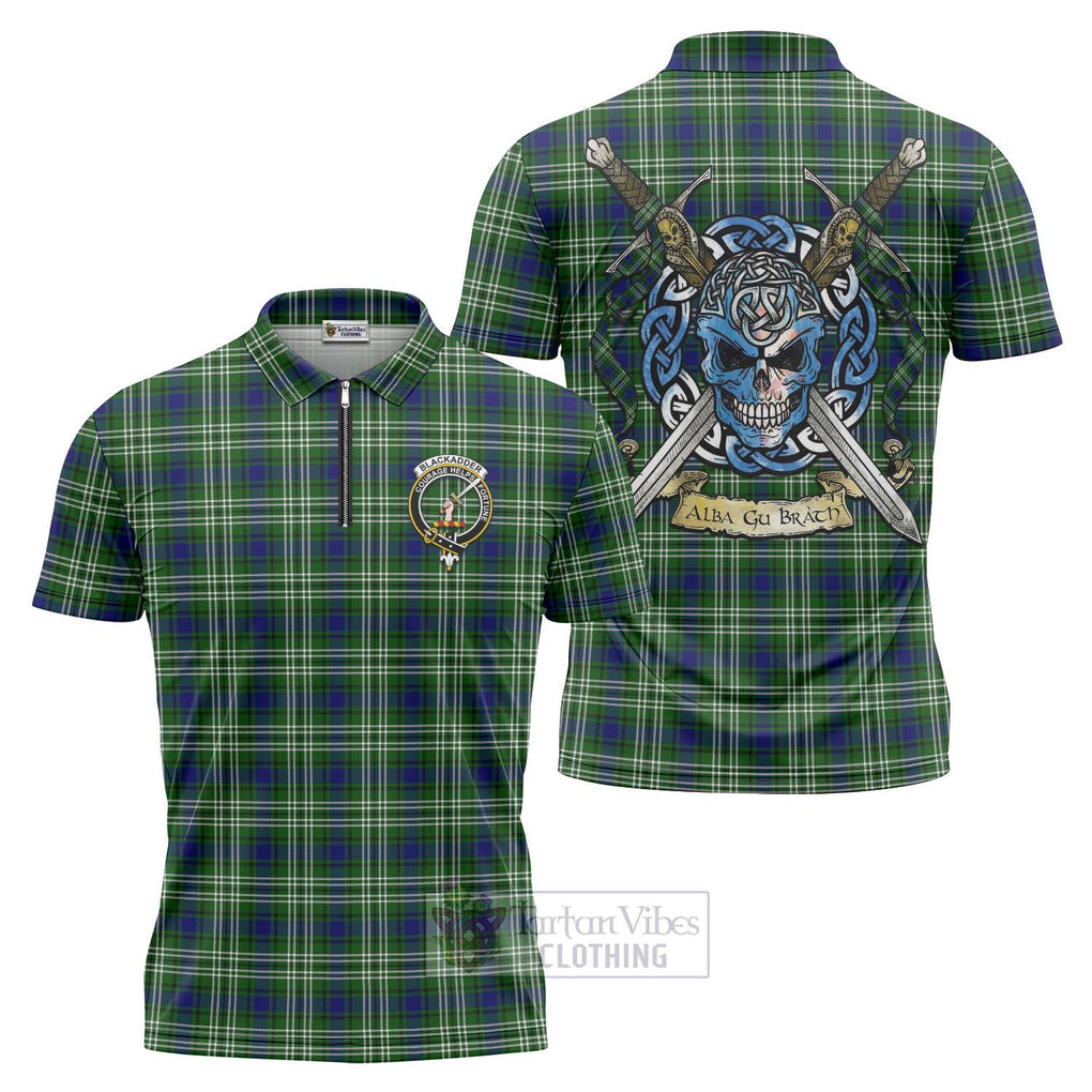 Blackadder Tartan Zipper Polo Shirt with Family Crest Celtic Skull Style Unisex - Tartan Vibes Clothing