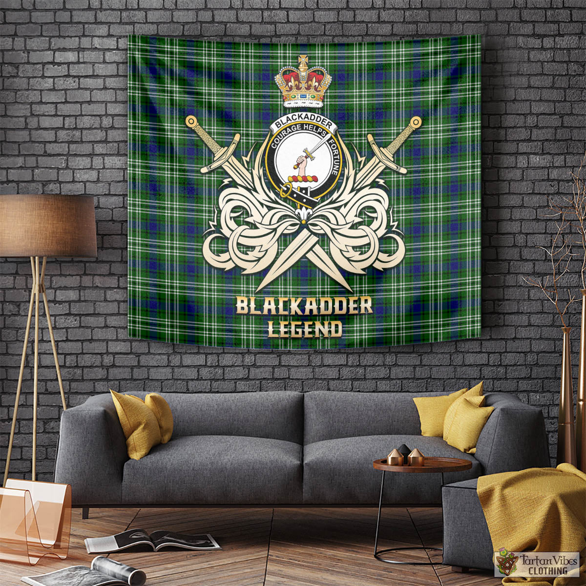 Tartan Vibes Clothing Blackadder Tartan Tapestry with Clan Crest and the Golden Sword of Courageous Legacy