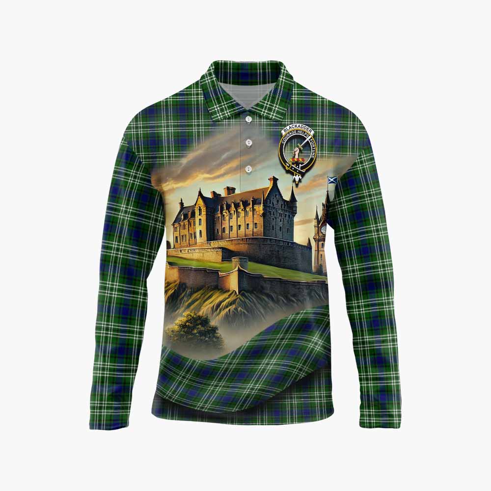 Blackadder Tartan Family Crest Long Sleeve Polo Shirt with Scottish Ancient Castle Style Unisex - Tartan Vibes Clothing