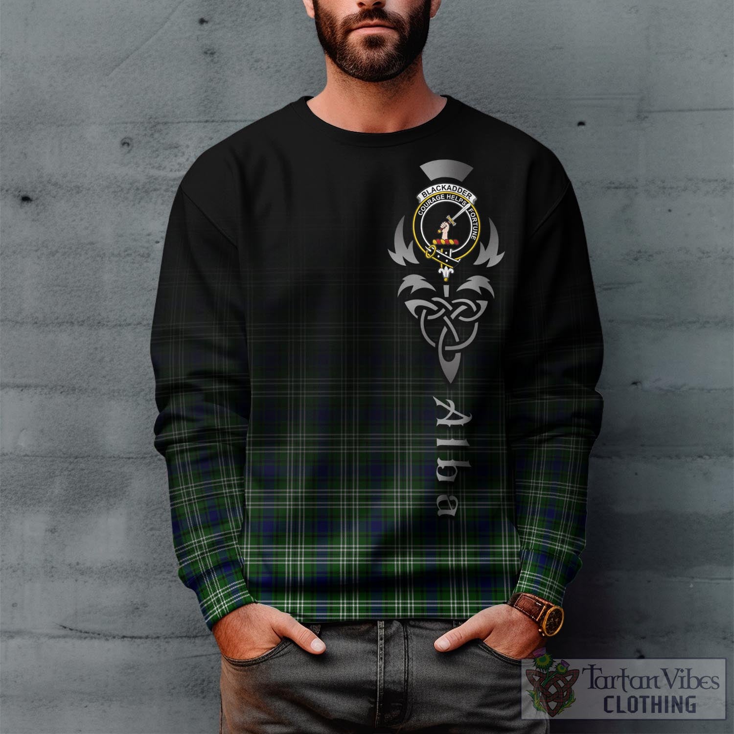 Tartan Vibes Clothing Blackadder Tartan Sweatshirt Featuring Alba Gu Brath Family Crest Celtic Inspired