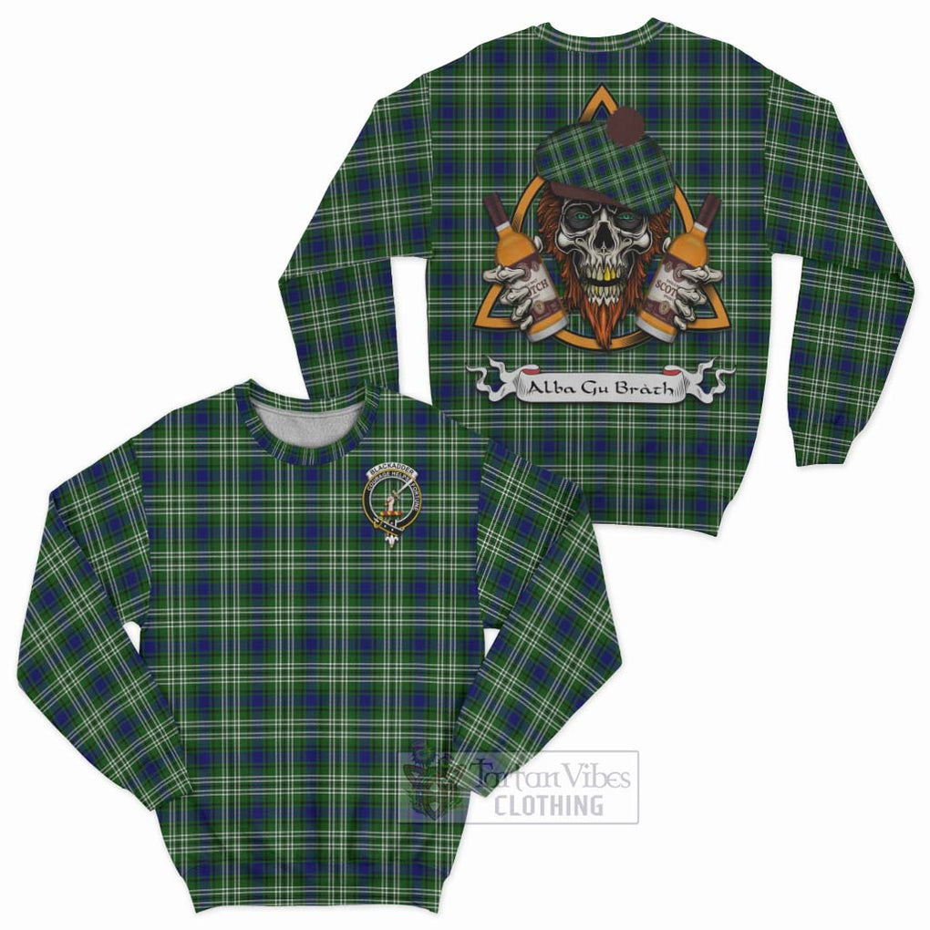Blackadder Tartan Sweatshirt with Family Crest and Bearded Skull Holding Bottles of Whiskey Unisex - Tartan Vibes Clothing