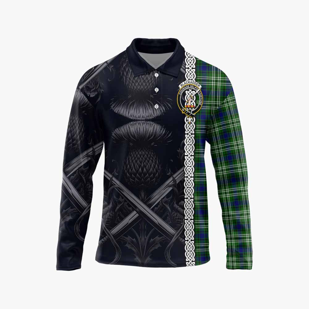 Blackadder Tartan Long Sleeve Polo Shirt with Family Crest Cross Sword Thistle Celtic Vibes Unisex - Tartan Vibes Clothing