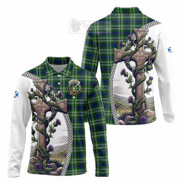 Blackadder Tartan Long Sleeve Polo Shirt with Family Crest and St. Andrew's Cross Accented by Thistle Vines Unisex - Tartan Vibes Clothing