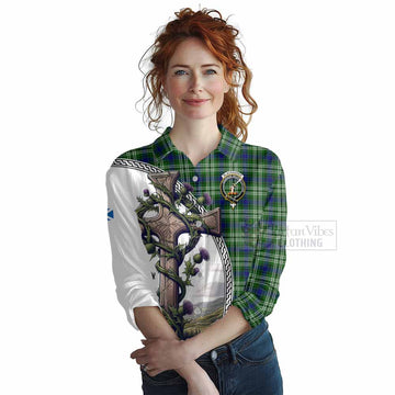 Blackadder Tartan Women's Casual Shirt with Family Crest and St. Andrew's Cross Accented by Thistle Vines Female - Tartan Vibes Clothing