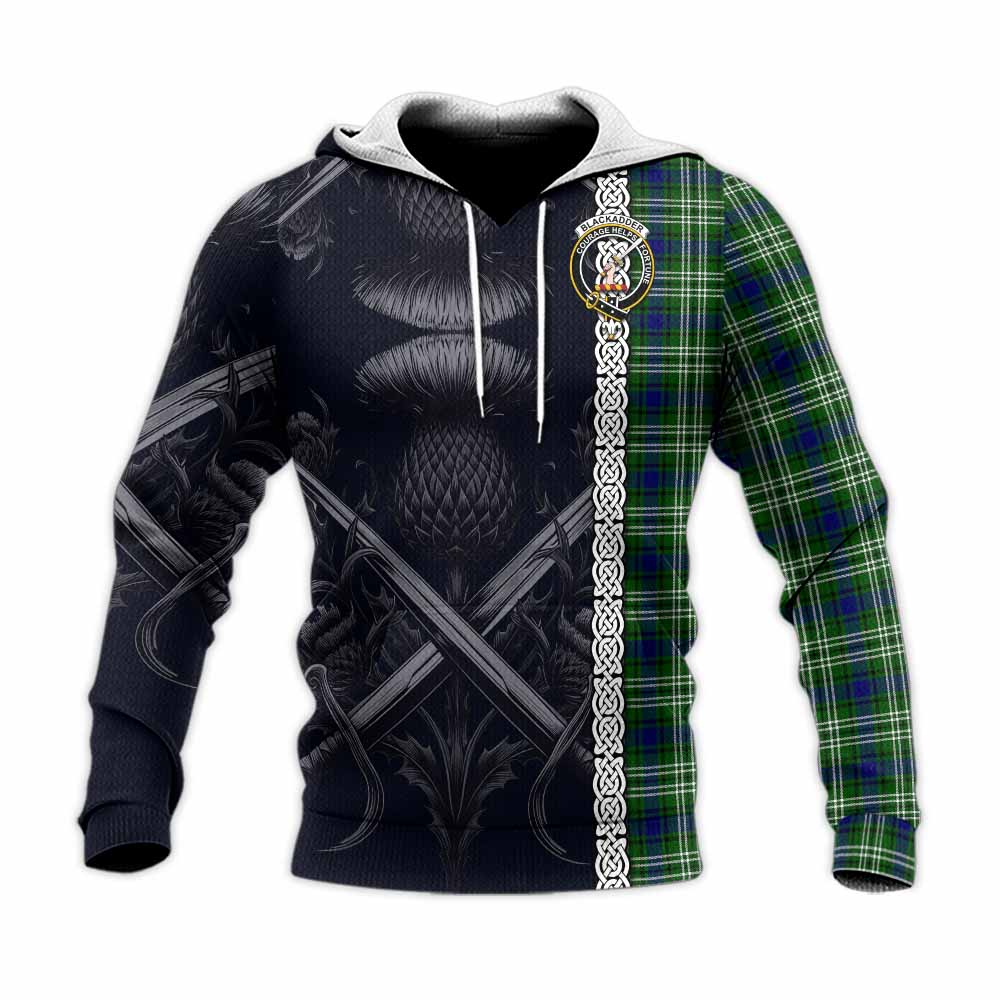 Blackadder Tartan Knitted Hoodie with Family Crest Cross Sword Thistle Celtic Vibes Unisex Knitted Pullover Hoodie - Tartan Vibes Clothing