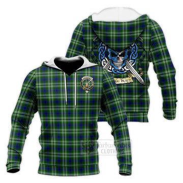 Tartan Vibes Clothing Blackadder Tartan Knitted Hoodie with Family Crest Celtic Skull Style