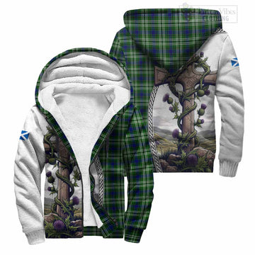 Blackadder Tartan Sherpa Hoodie with Family Crest and St. Andrew's Cross Accented by Thistle Vines Unisex S - Tartan Vibes Clothing