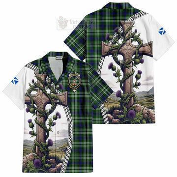 Blackadder Tartan Hawaiian Shirt with Family Crest and St. Andrew's Cross Accented by Thistle Vines Kid - Tartan Vibes Clothing