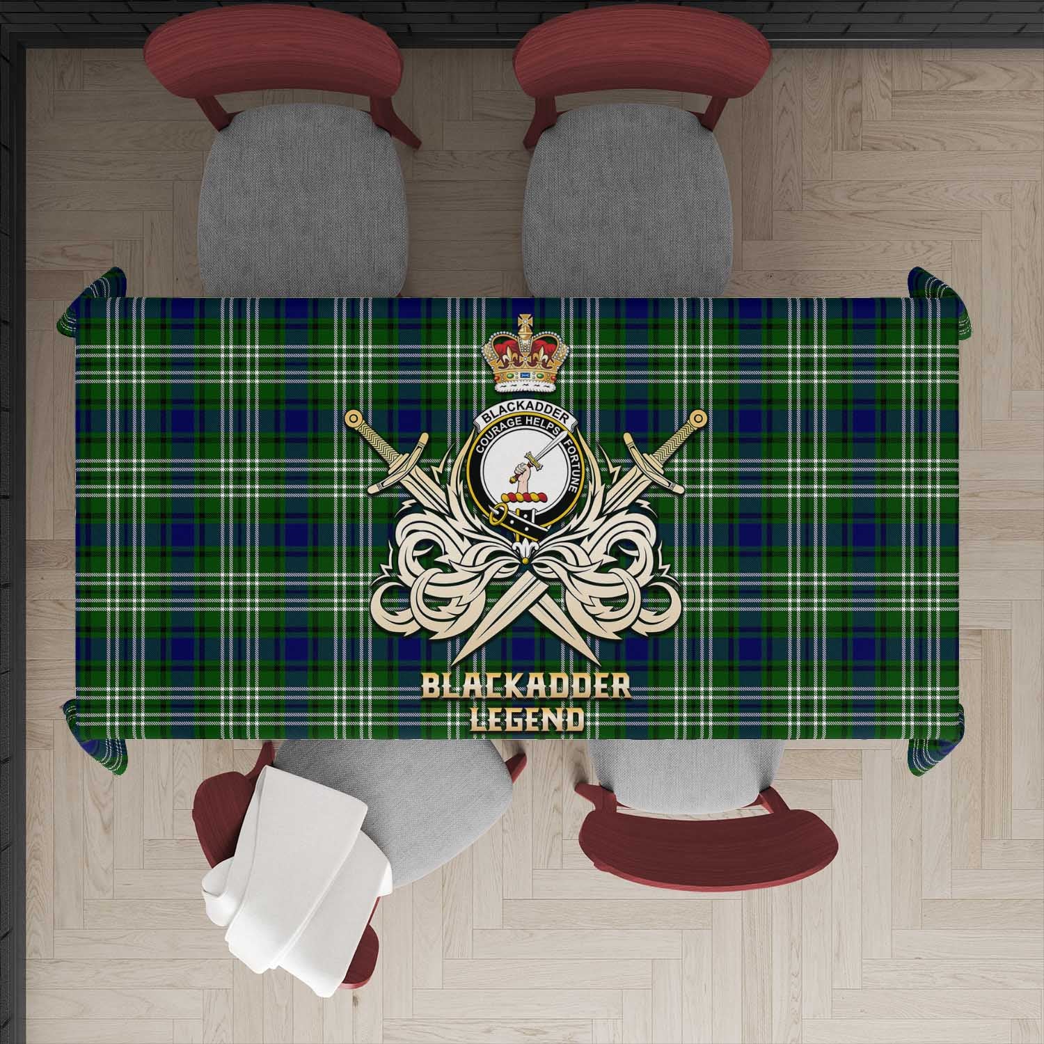 Blackadder Tartan Tablecloth with Clan Crest and the Golden Sword of Courageous Legacy - Tartan Vibes Clothing