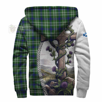 Blackadder Tartan Sherpa Hoodie with Family Crest and St. Andrew's Cross Accented by Thistle Vines - Tartan Vibes Clothing