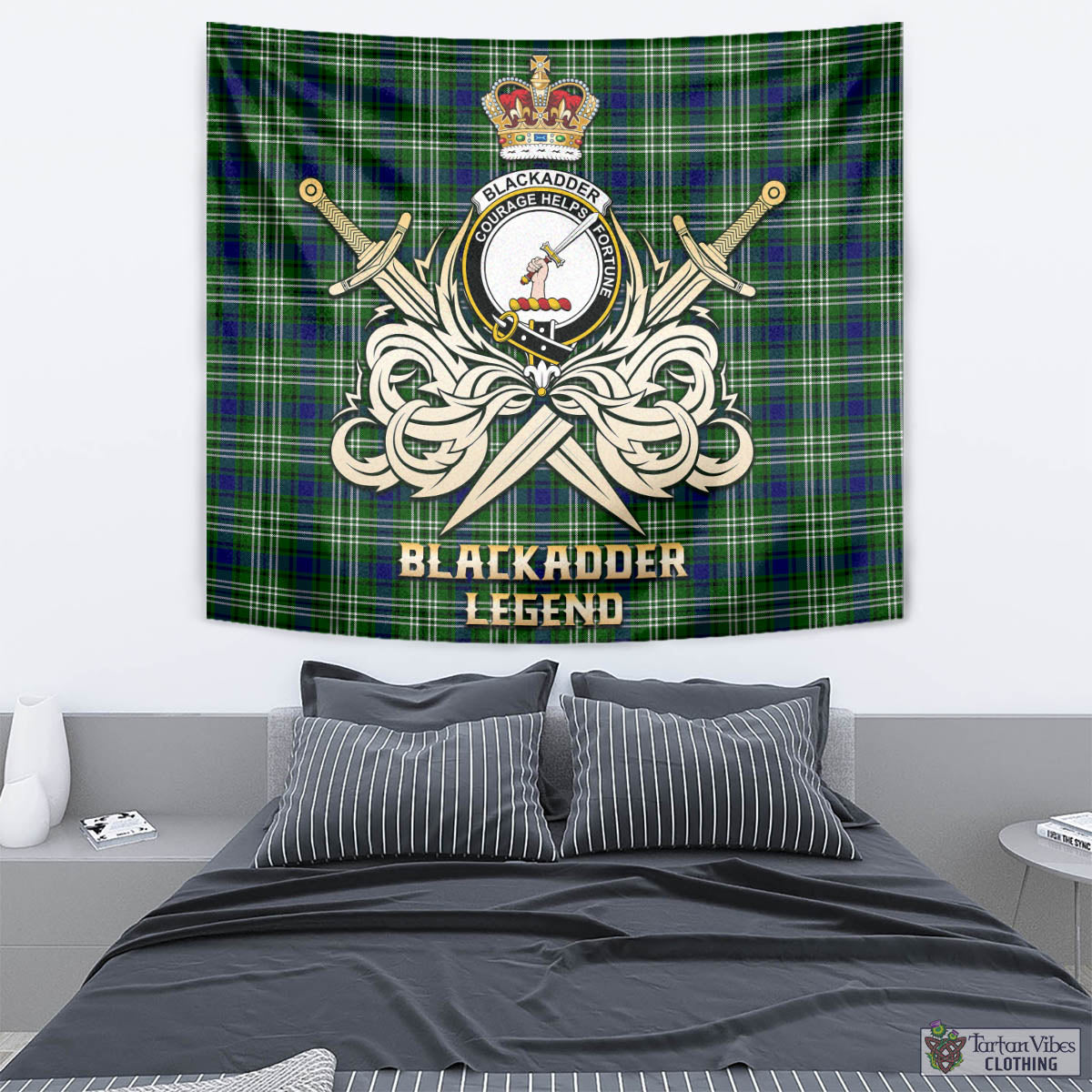 Tartan Vibes Clothing Blackadder Tartan Tapestry with Clan Crest and the Golden Sword of Courageous Legacy