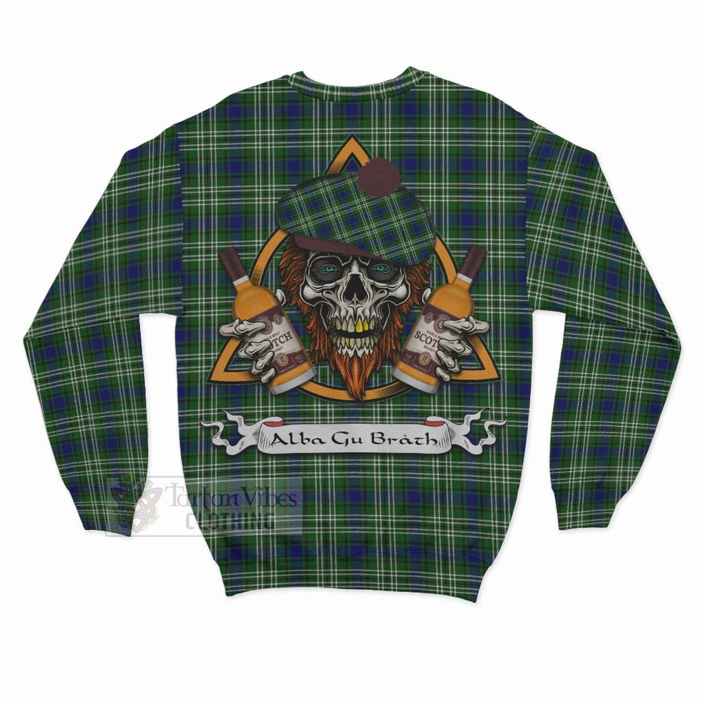 Blackadder Tartan Sweatshirt with Family Crest and Bearded Skull Holding Bottles of Whiskey - Tartan Vibes Clothing