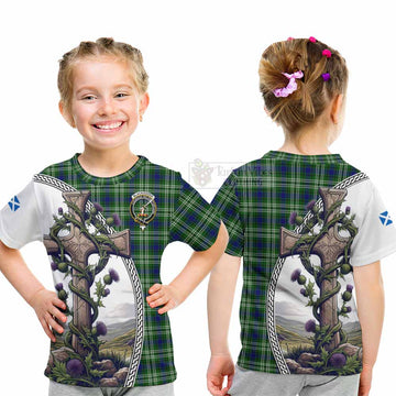 Blackadder Tartan Kid T-Shirt with Family Crest and St. Andrew's Cross Accented by Thistle Vines - Tartan Vibes Clothing