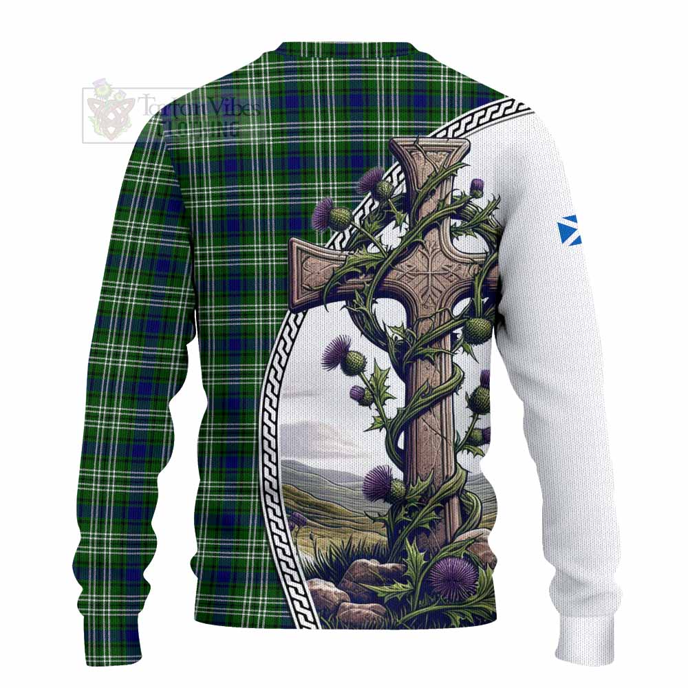Blackadder Tartan Knitted Sweater with Family Crest and St. Andrew's Cross Accented by Thistle Vines - Tartan Vibes Clothing