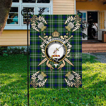 Blackadder Tartan Garden Flag with Family Crest and Golden Thistle Crossed Sword Design