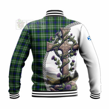 Blackadder Tartan Baseball Jacket with Family Crest and St. Andrew's Cross Accented by Thistle Vines - Tartan Vibes Clothing