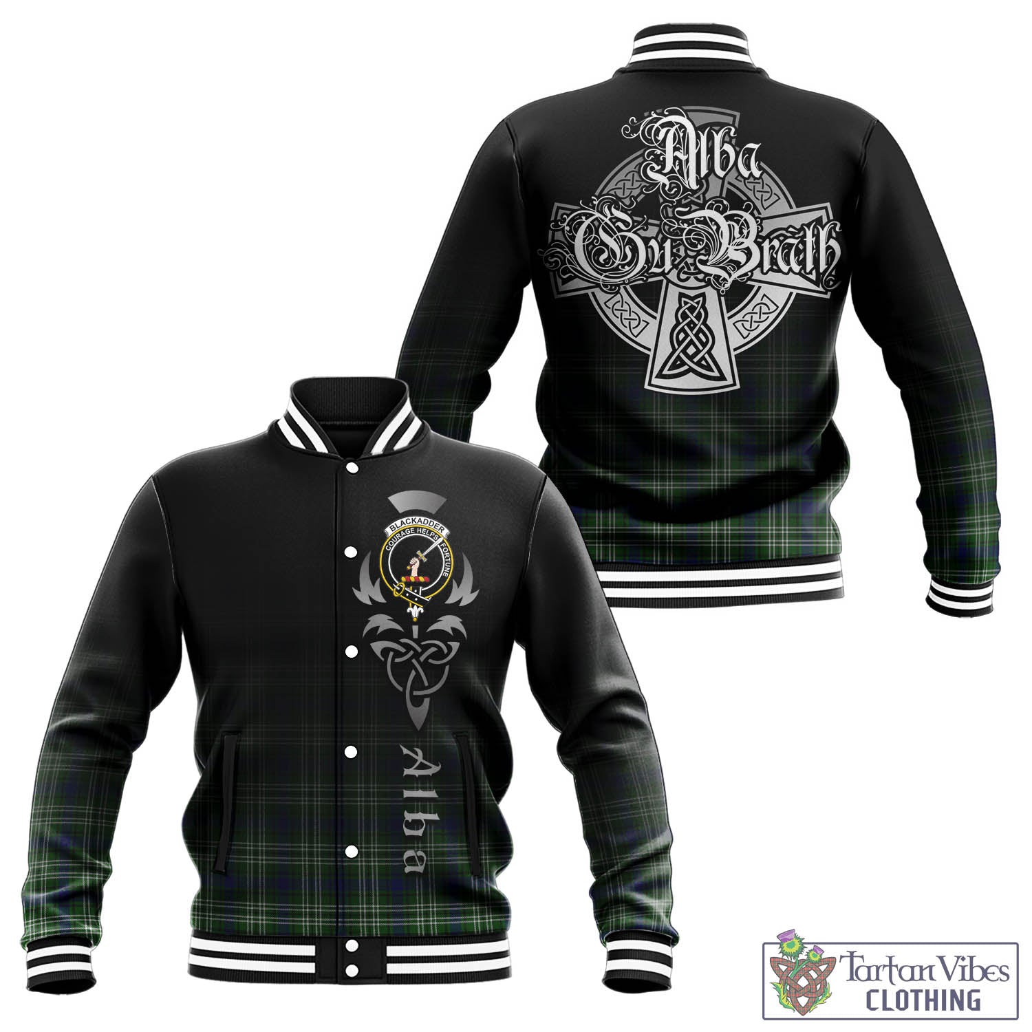 Tartan Vibes Clothing Blackadder Tartan Baseball Jacket Featuring Alba Gu Brath Family Crest Celtic Inspired