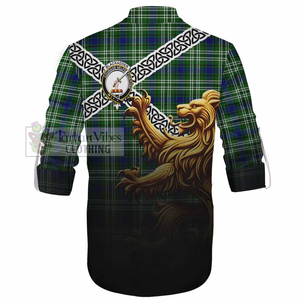 Tartan Vibes Clothing Blackadder Crest Tartan Ghillie Kilt Shirt with Golden Lion Emblem Celtic Style