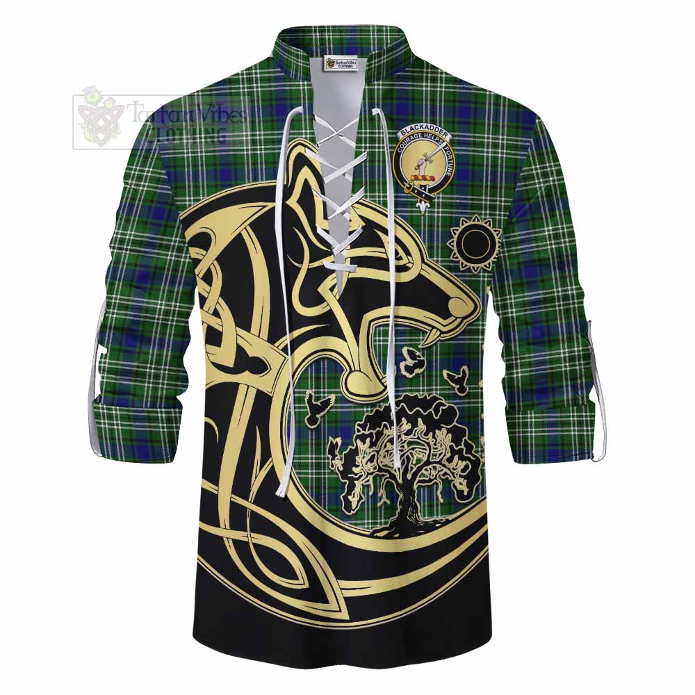 Blackadder Tartan Ghillie Kilt Shirt with Family Crest Celtic Wolf Style - Tartan Vibes Clothing