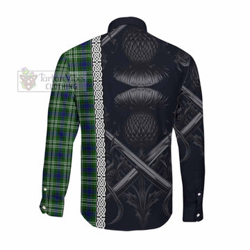 Tartan Vibes Clothing Blackadder Tartan Long Sleeve Button Shirt with Family Crest Cross Sword Thistle Celtic Vibes