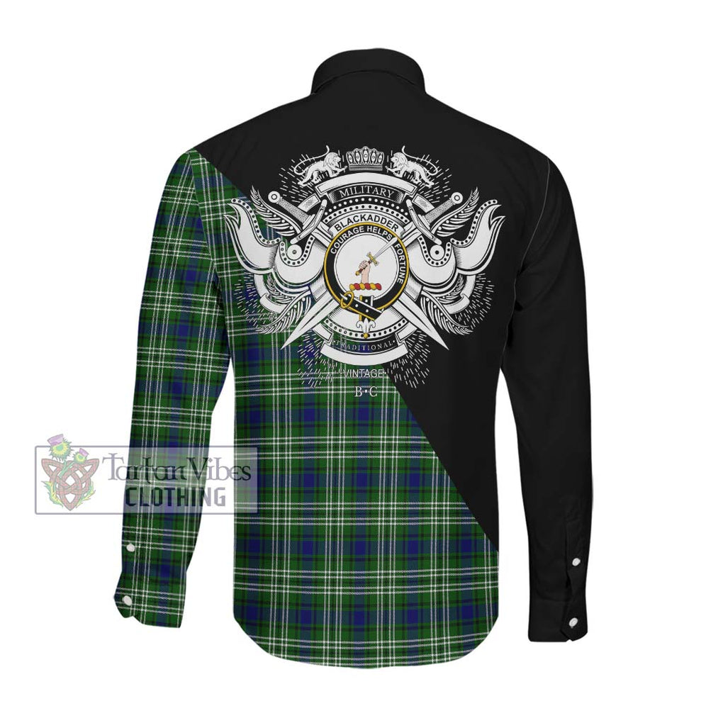 Blackadder Tartan Long Sleeve Button Shirt with Family Crest and Military Logo Style Men's Shirt - Tartanvibesclothing Shop