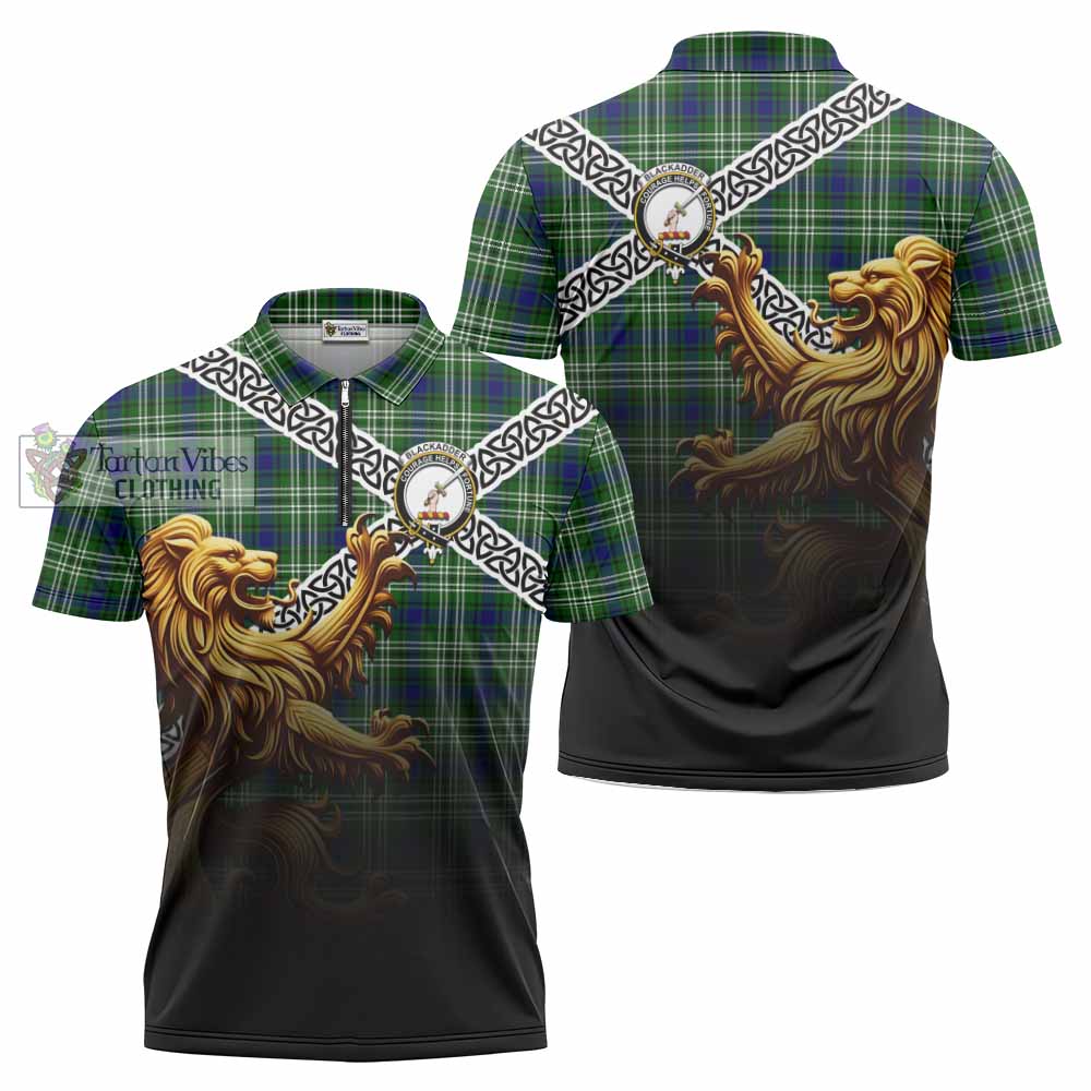 Blackadder Crest Tartan Zipper Polo Shirt with Golden Lion Emblem Celtic Style - Tartan Vibes Clothing