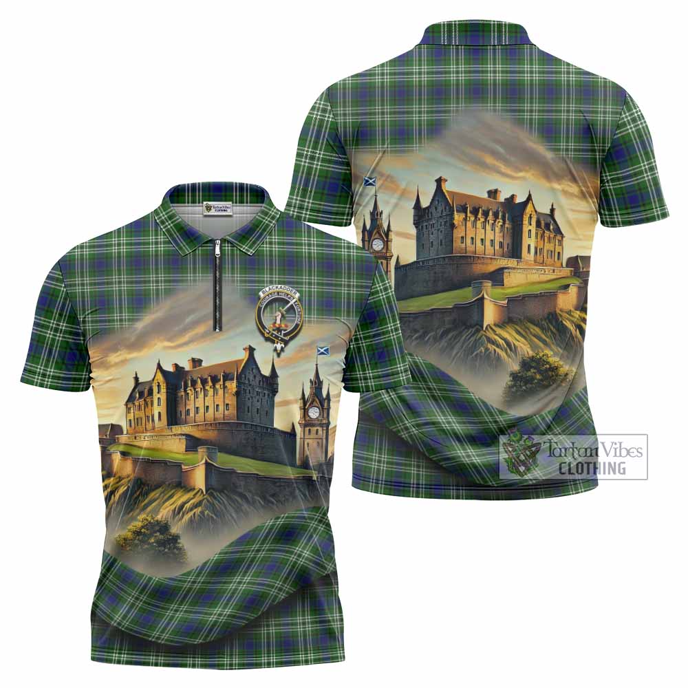 Blackadder Tartan Family Crest Zipper Polo Shirt with Scottish Ancient Castle Style - Tartan Vibes Clothing