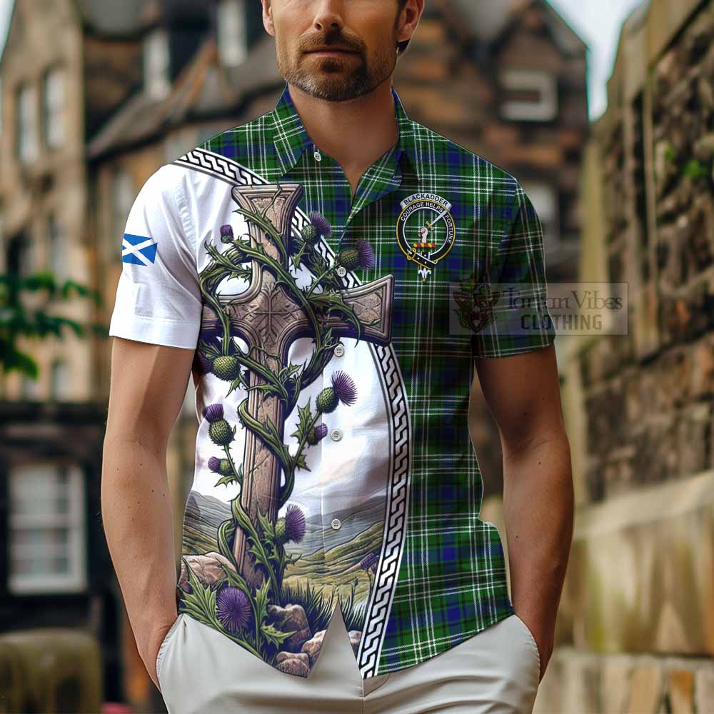 Blackadder Tartan Hawaiian Shirt with Family Crest and St. Andrew's Cross Accented by Thistle Vines - Tartan Vibes Clothing