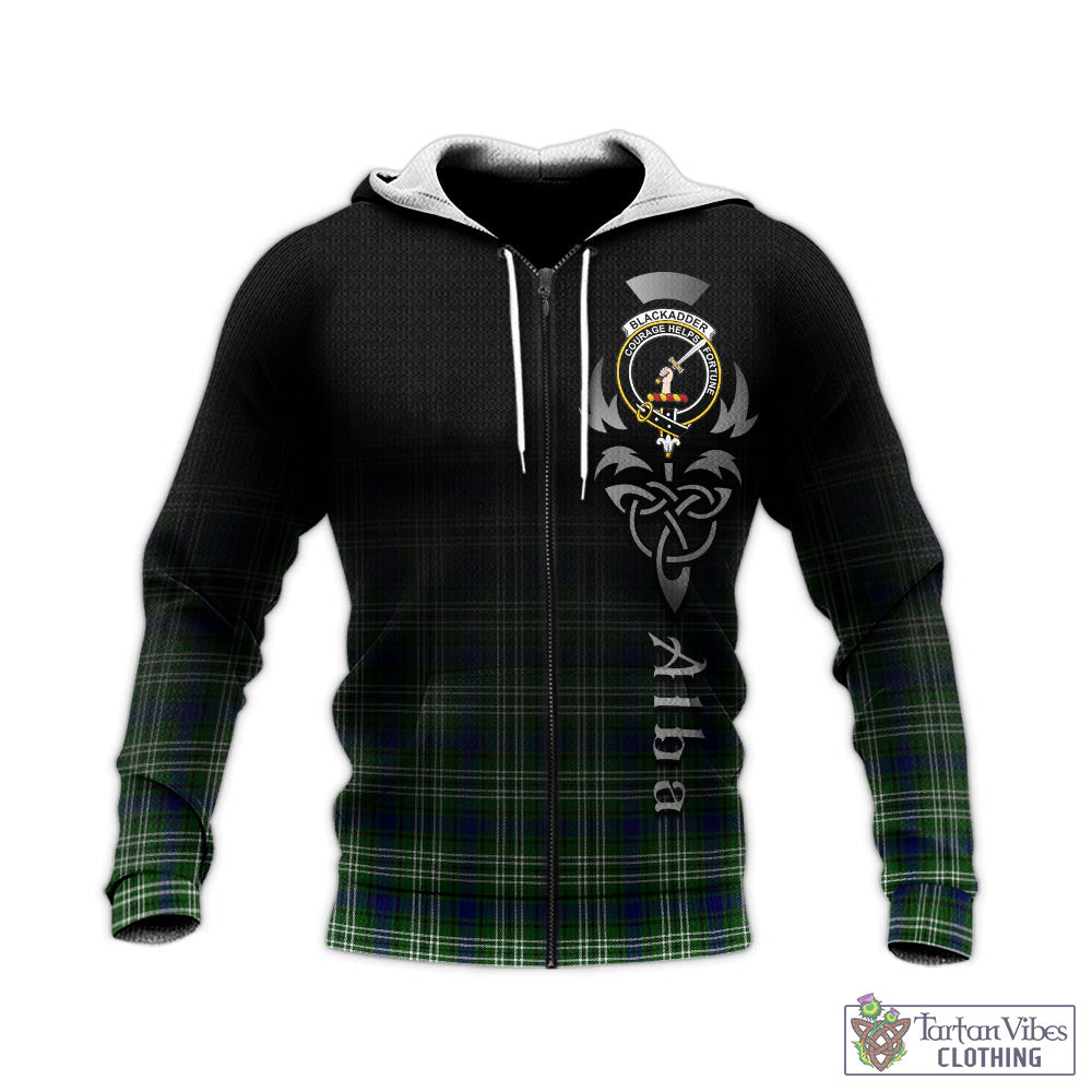 Tartan Vibes Clothing Blackadder Tartan Knitted Hoodie Featuring Alba Gu Brath Family Crest Celtic Inspired