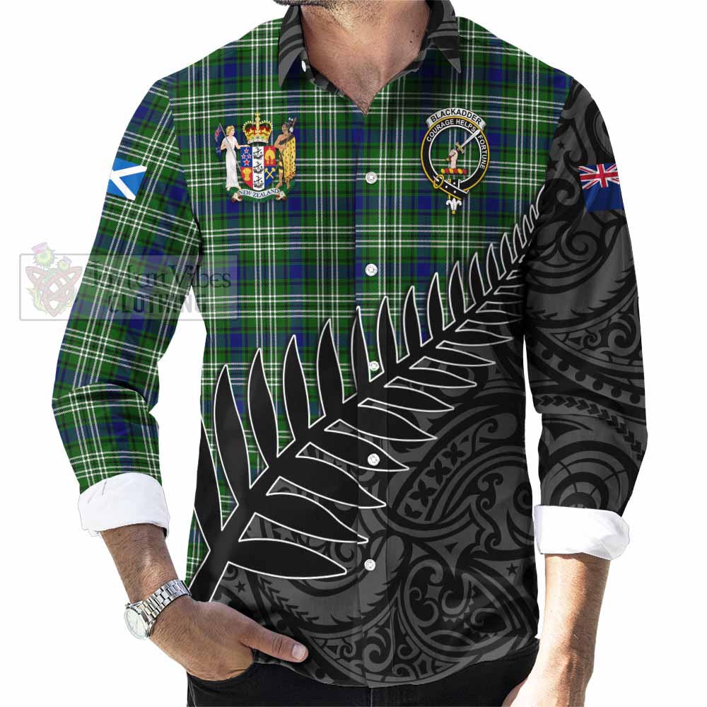 Blackadder Crest Tartan Long Sleeve Button Shirt with New Zealand Silver Fern Half Style - Tartan Vibes Clothing