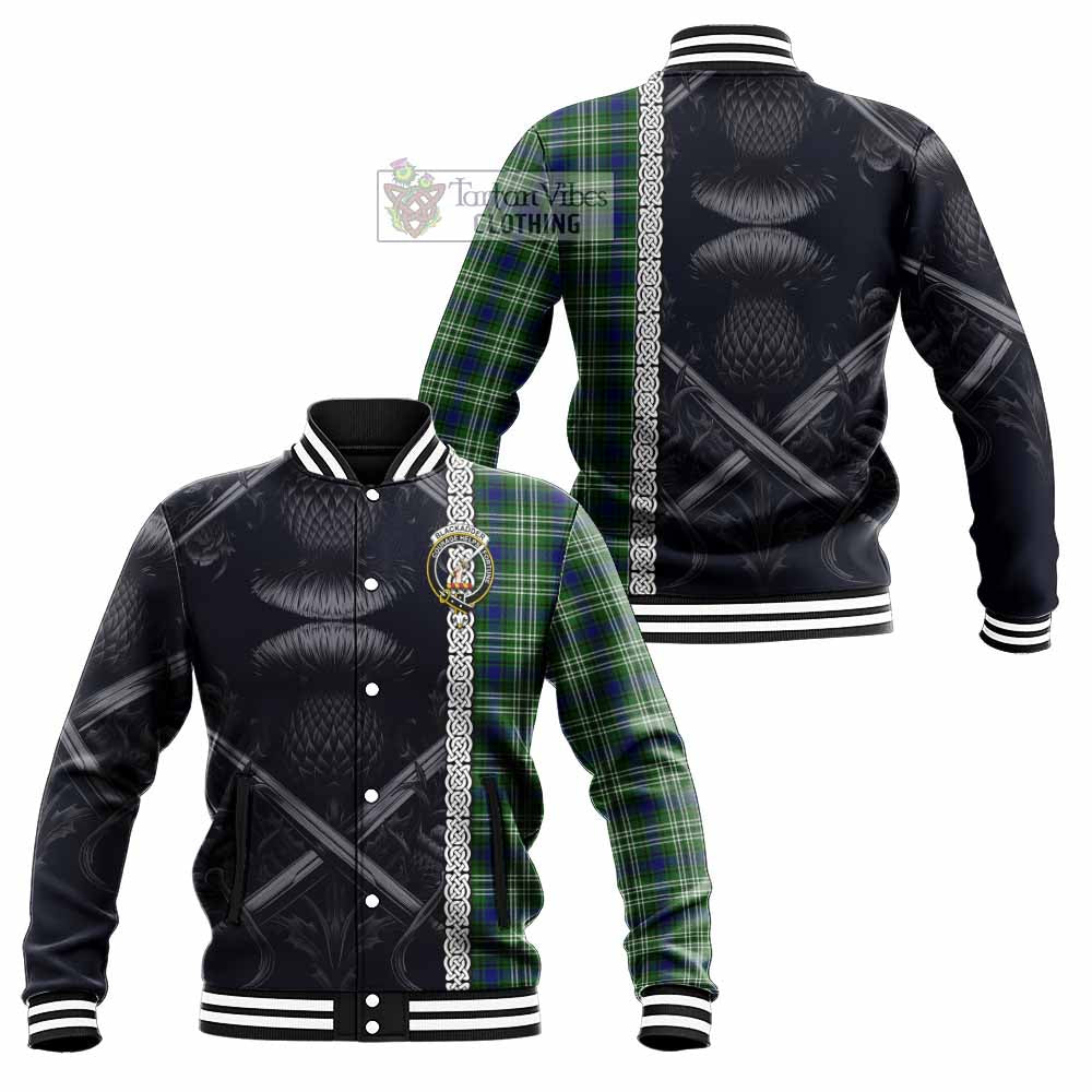 Blackadder Tartan Baseball Jacket with Family Crest Cross Sword Thistle Celtic Vibes - Tartan Vibes Clothing