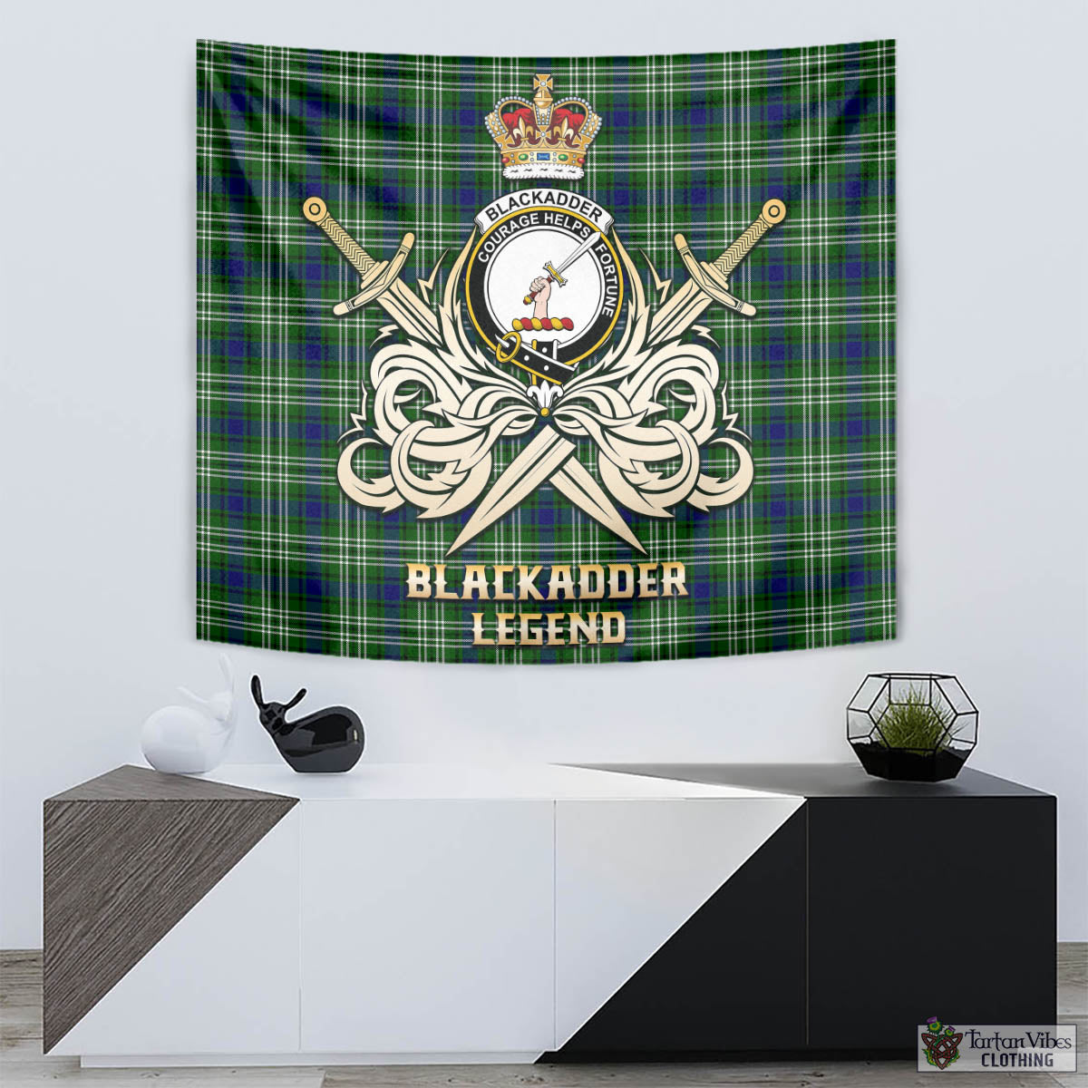 Tartan Vibes Clothing Blackadder Tartan Tapestry with Clan Crest and the Golden Sword of Courageous Legacy