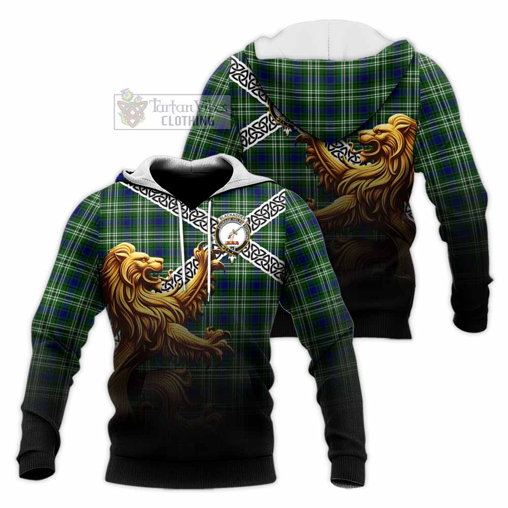 Tartan Vibes Clothing Blackadder Crest Tartan Knitted Hoodie with Golden Lion Emblem Celtic Style