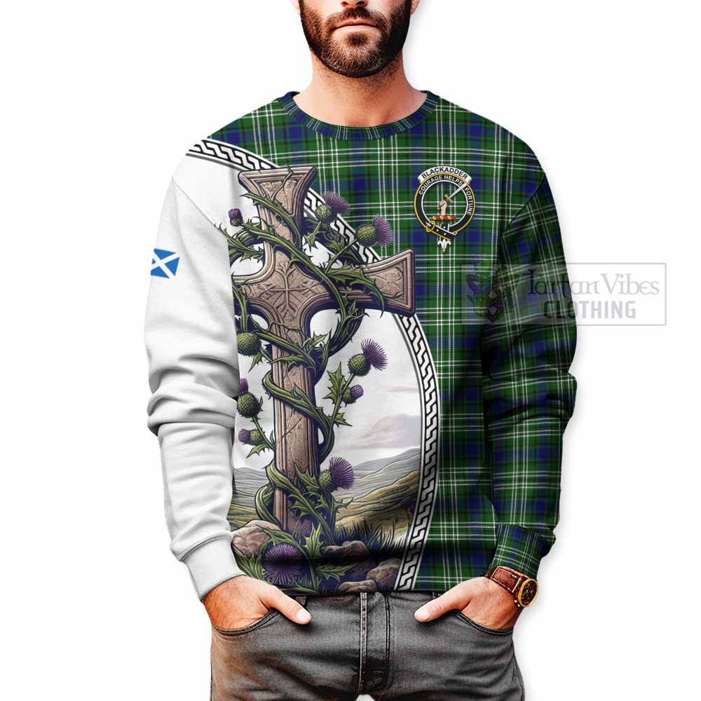 Blackadder Tartan Sweatshirt with Family Crest and St. Andrew's Cross Accented by Thistle Vines - Tartan Vibes Clothing