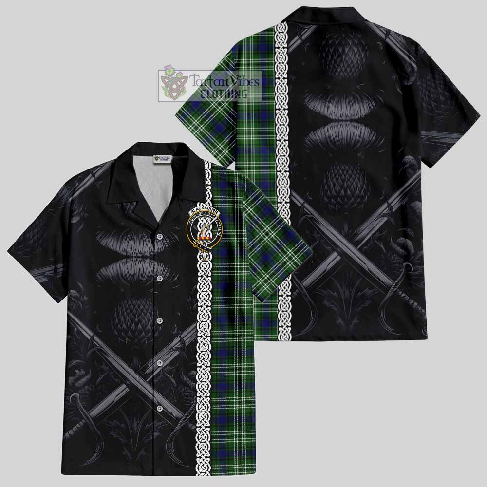 Blackadder Tartan Hawaiian Shirt with Family Crest Cross Sword Thistle Celtic Vibes - Tartan Vibes Clothing