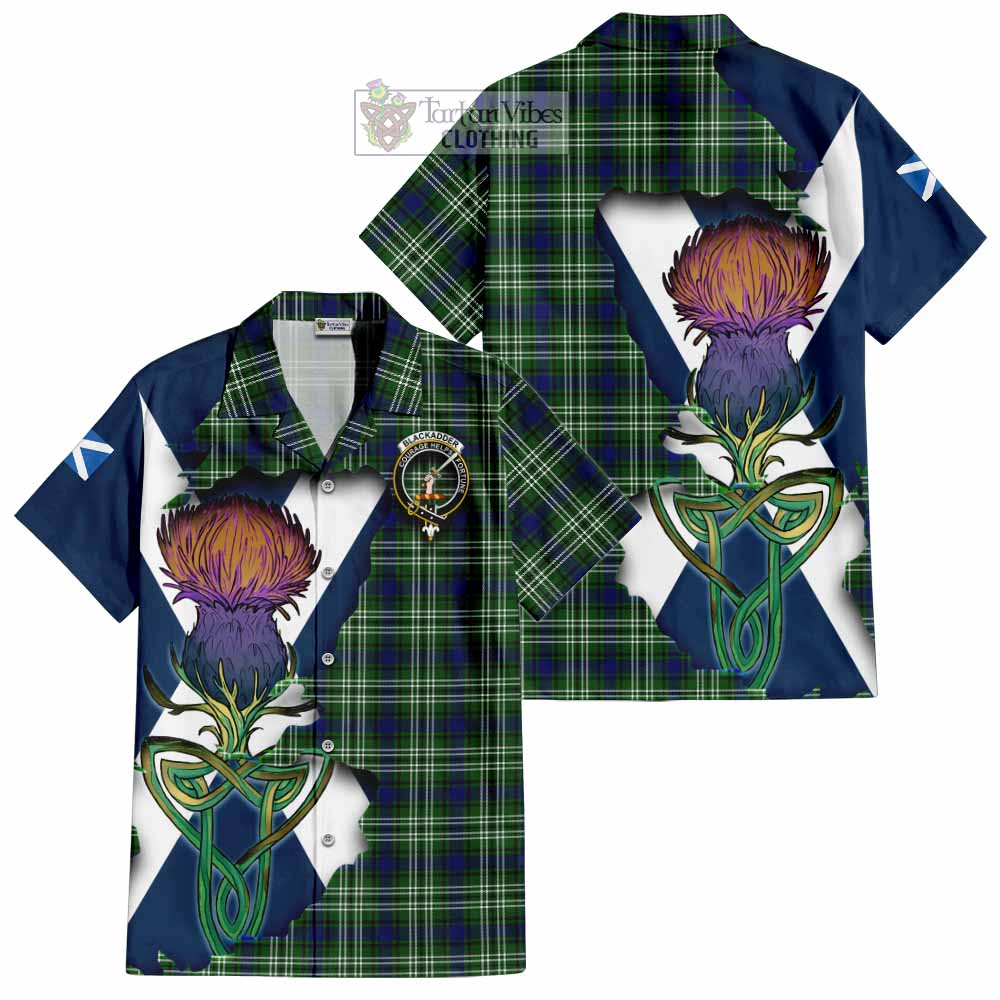 Tartan Vibes Clothing Blackadder Tartan Family Crest Short Sleeve Button Shirt Scottish Thistle Celtic Inspired