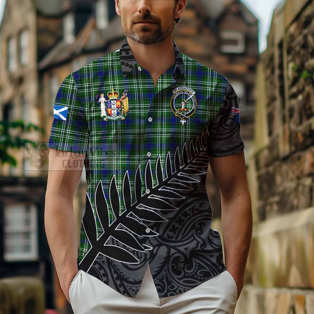 Blackadder Crest Tartan Hawaiian Shirt with New Zealand Silver Fern Half Style - Tartan Vibes Clothing
