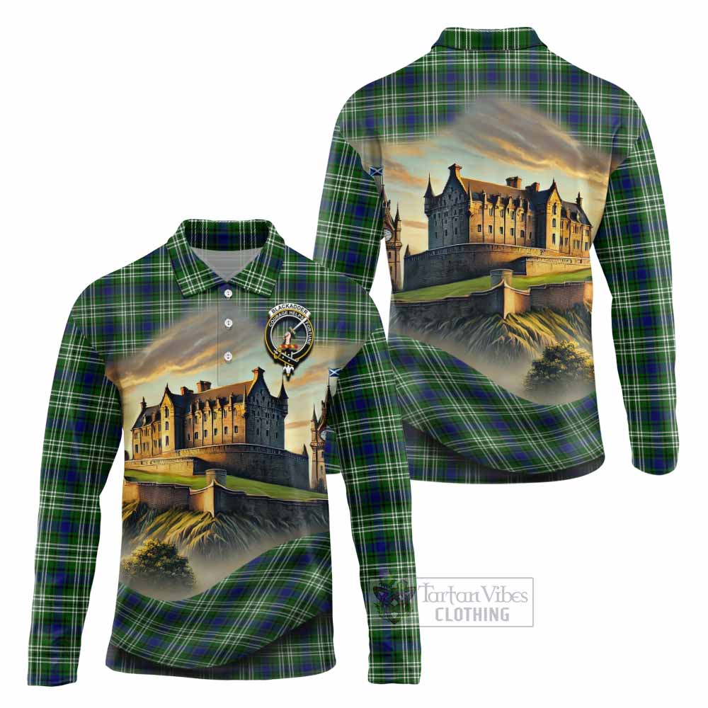 Blackadder Tartan Family Crest Long Sleeve Polo Shirt with Scottish Ancient Castle Style - Tartan Vibes Clothing