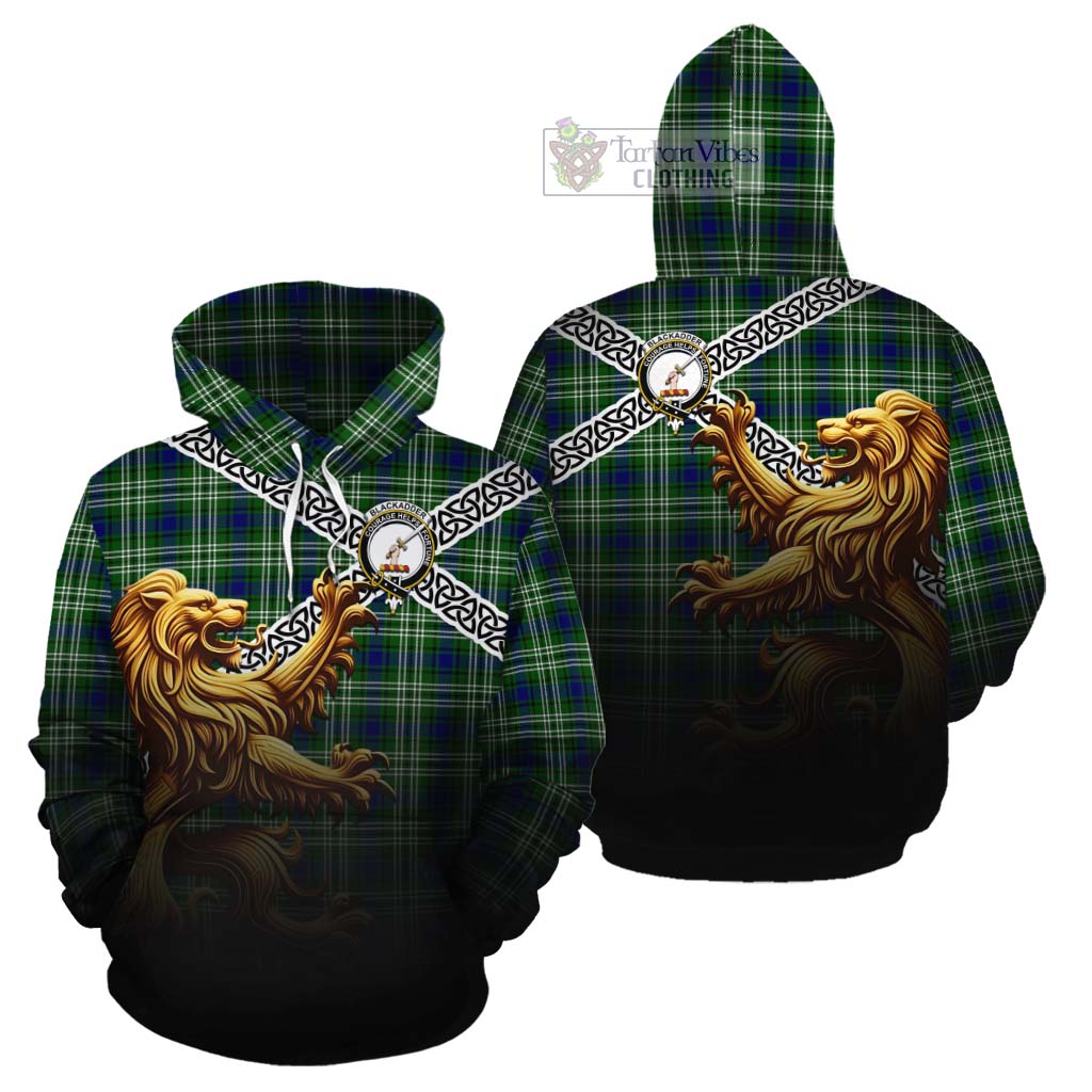 Tartan Vibes Clothing Blackadder Crest Tartan Cotton Hoodie with Golden Lion Emblem Celtic Style
