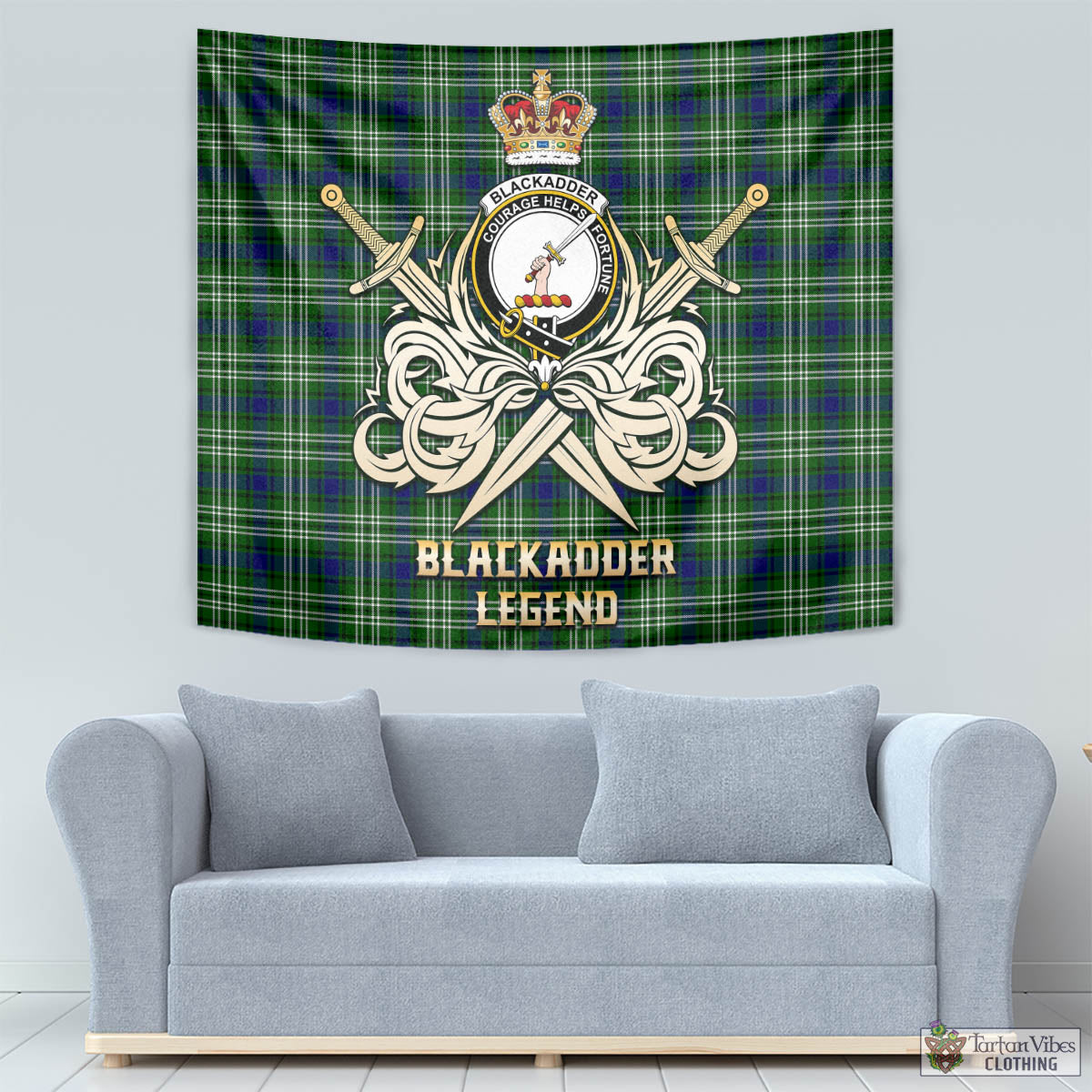 Tartan Vibes Clothing Blackadder Tartan Tapestry with Clan Crest and the Golden Sword of Courageous Legacy