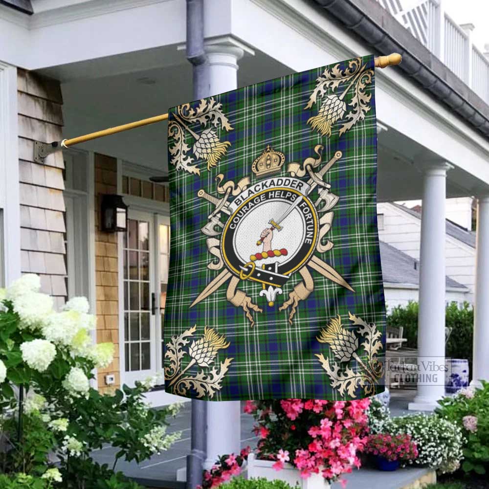 Tartan Vibes Clothing Blackadder Tartan Flag with Family Crest and Golden Thistle Crossed Sword Design