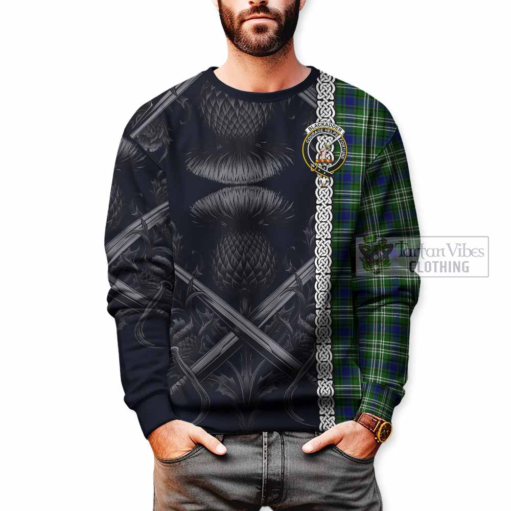 Blackadder Tartan Sweatshirt with Family Crest Cross Sword Thistle Celtic Vibes - Tartan Vibes Clothing
