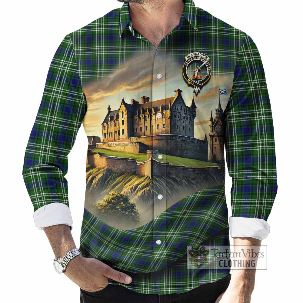 Tartan Vibes Clothing Blackadder Tartan Family Crest Long Sleeve Button Shirt with Scottish Ancient Castle Style