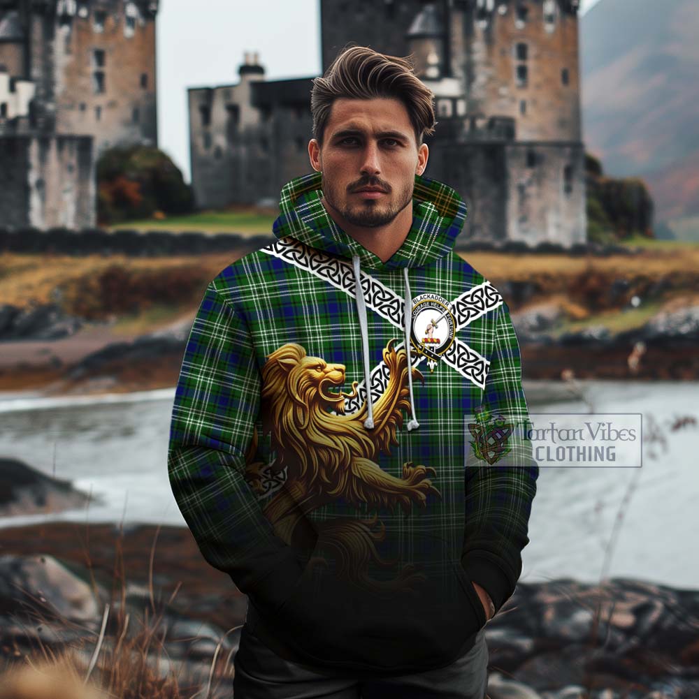 Tartan Vibes Clothing Blackadder Crest Tartan Cotton Hoodie with Golden Lion Emblem Celtic Style