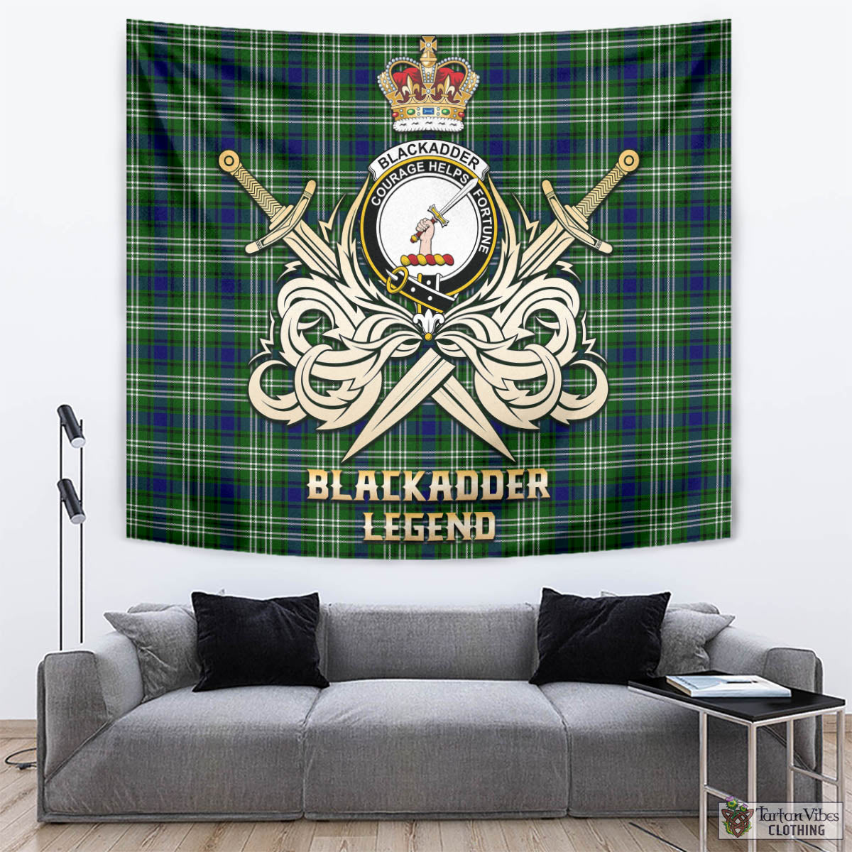 Tartan Vibes Clothing Blackadder Tartan Tapestry with Clan Crest and the Golden Sword of Courageous Legacy