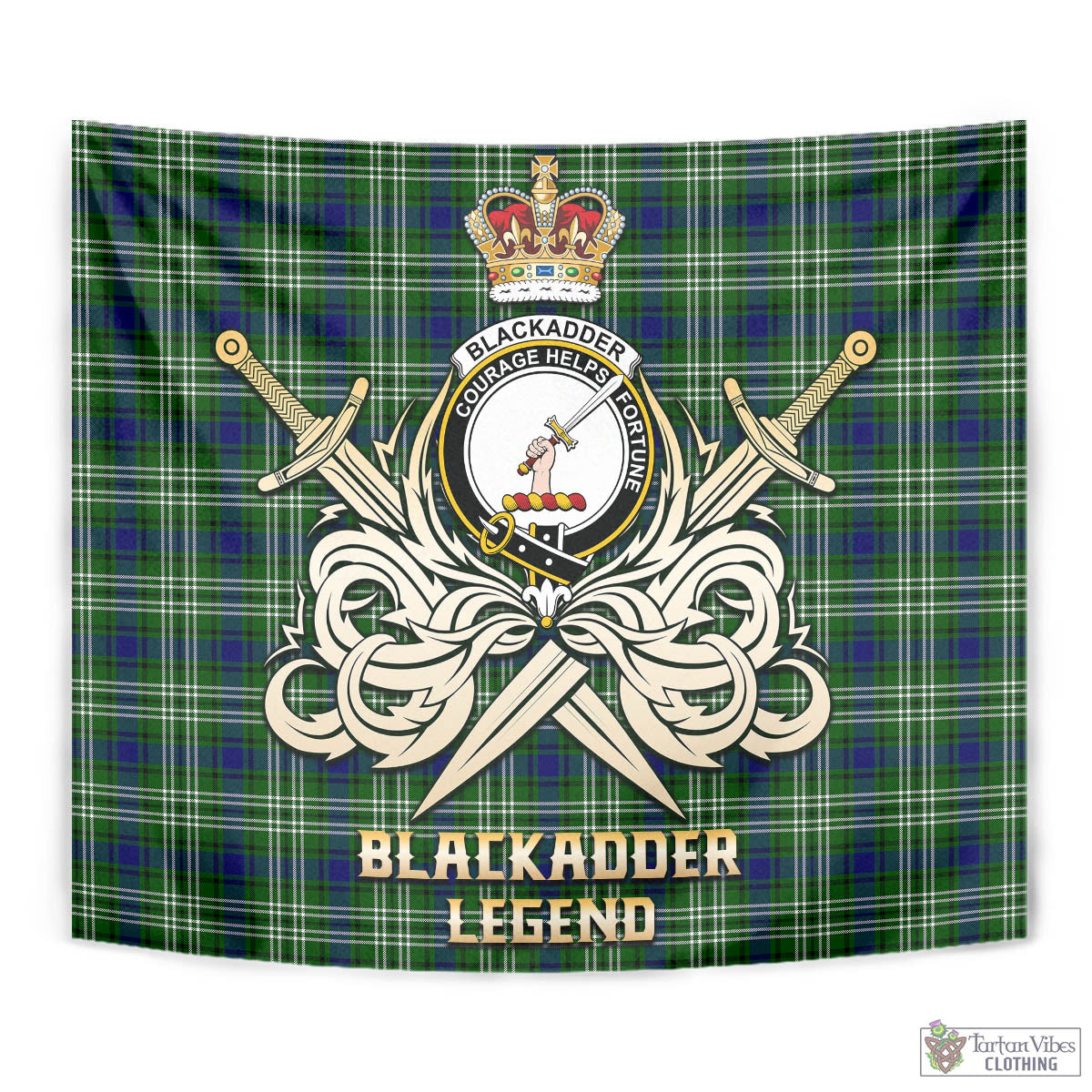 Tartan Vibes Clothing Blackadder Tartan Tapestry with Clan Crest and the Golden Sword of Courageous Legacy
