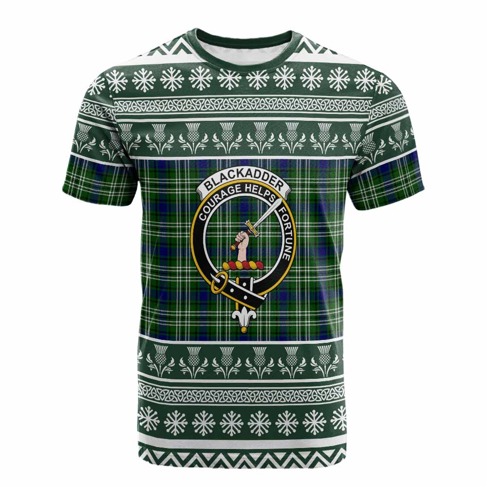 Blackadder Clan Tartan Christmas Cotton T-shirt with Family Crest - Tartan Vibes Clothing