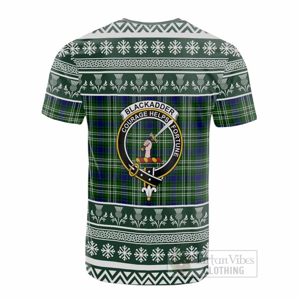 Blackadder Clan Tartan Christmas Cotton T-shirt with Family Crest - Tartan Vibes Clothing
