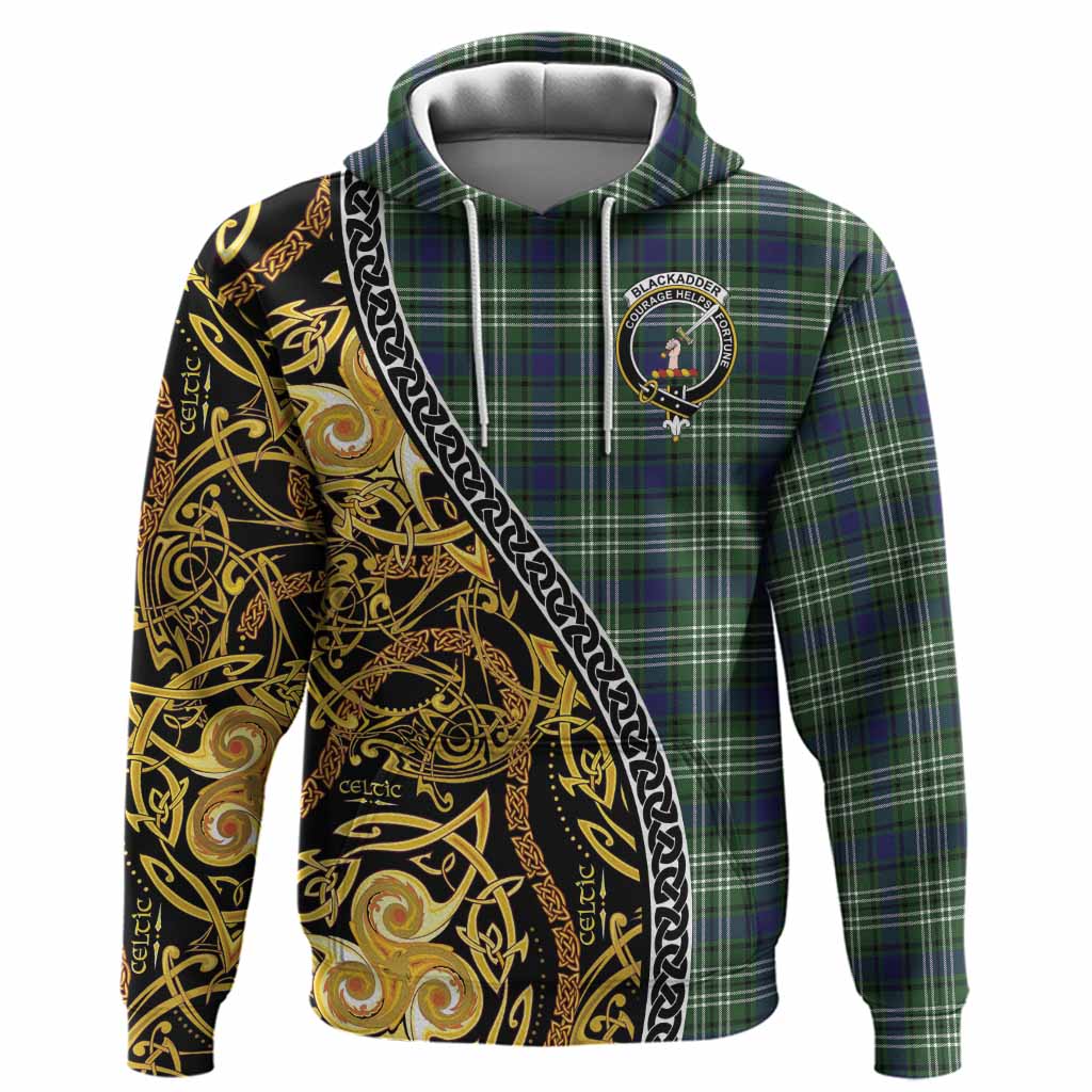Blackadder Tartan Crest Hoodie Celtic Knot and Triple Trickle Spiral Symbols